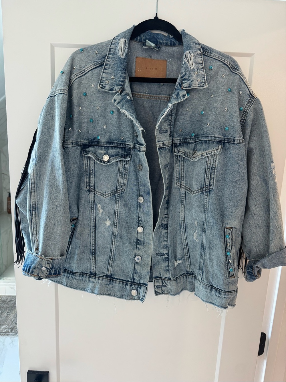 Oversized Light Blue Denim Jacket with Turquoise Stud Accents fits like XL